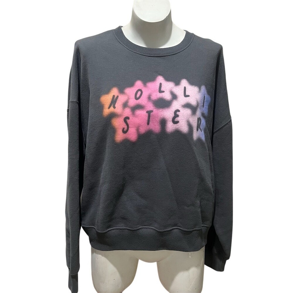 Hollister Sweatshirt Womens Size L Gray Crew Neck Pullover Logo Graphic